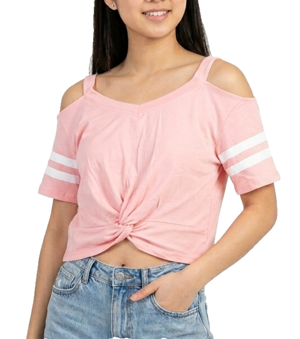 SweatyRocks NWT Pink Cold Shoulder Crop Top Twist Front Varsity Stripe Tee Small